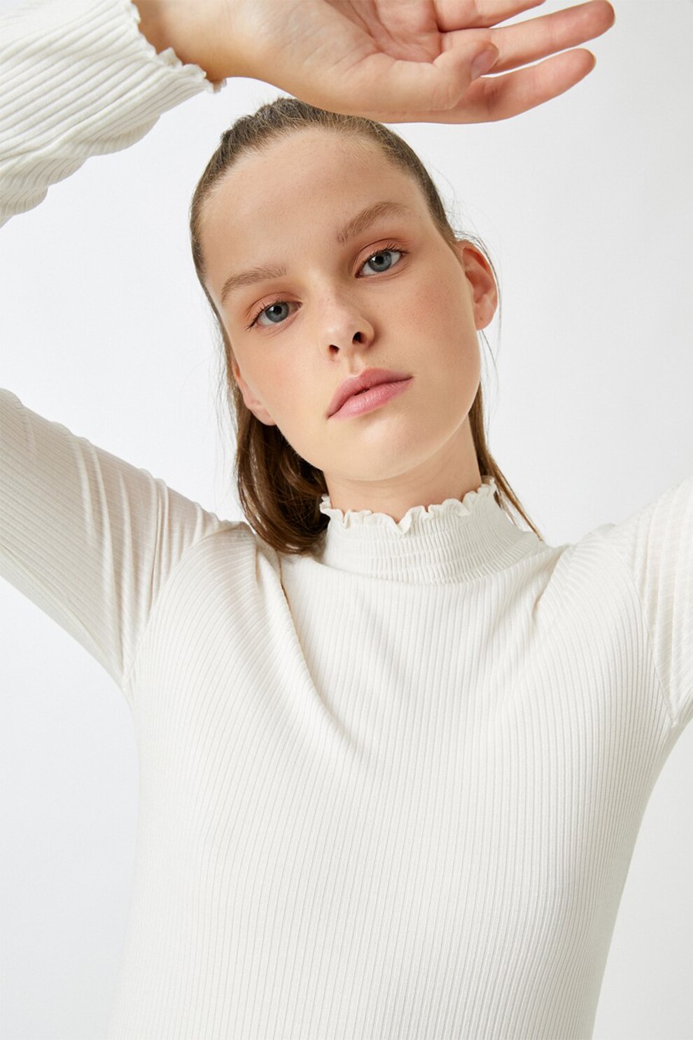 KOTON, Bluza cu striatii si guler scurt, Alb prafuit