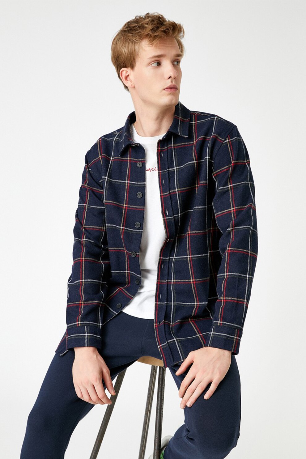KOTON, Camasa din amestec de bumbac cu model in carouri, Bleumarin/Alb/Rosu