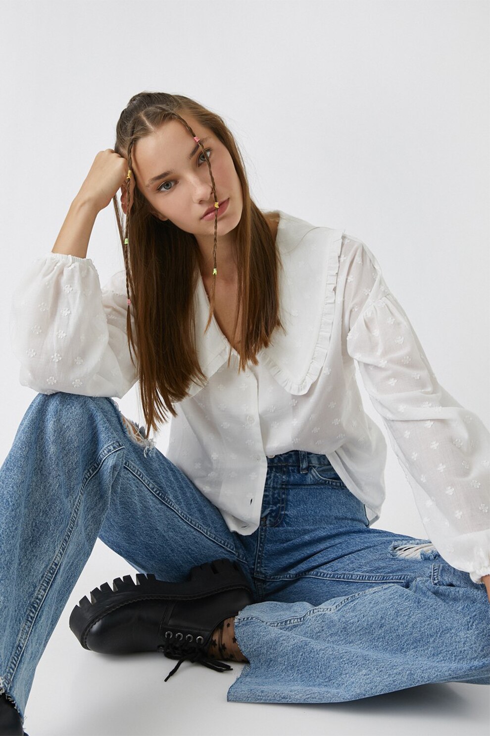 KOTON, Camasa texturata cu revere ample, Alb prafuit