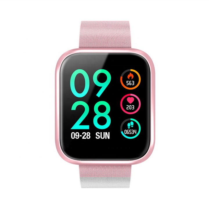 Ceas Smartwatch TKY-P80 cu functie de monitorizare ritm cardiac, Tensiune arteriala, Nivel oxigen, Monitorizare somn, Notificari Apel/ SMS, Bluetooth, Incarcare magnetica, Roz