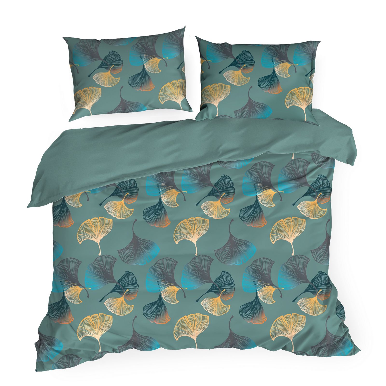 Set Lenjerie de Pat Bumbac Satinat, Eurofirany, NIKA, 160x200, Albastru/Galben frunze de ginkgo