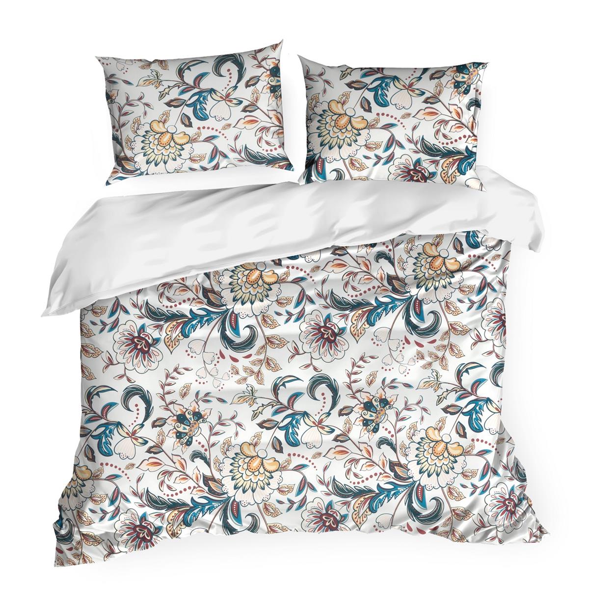 Set Lenjerie de Pat Bumbac Satinat, Eurofirany, NIKA, 160x200, flori ornamentale colorate pe fond alb
