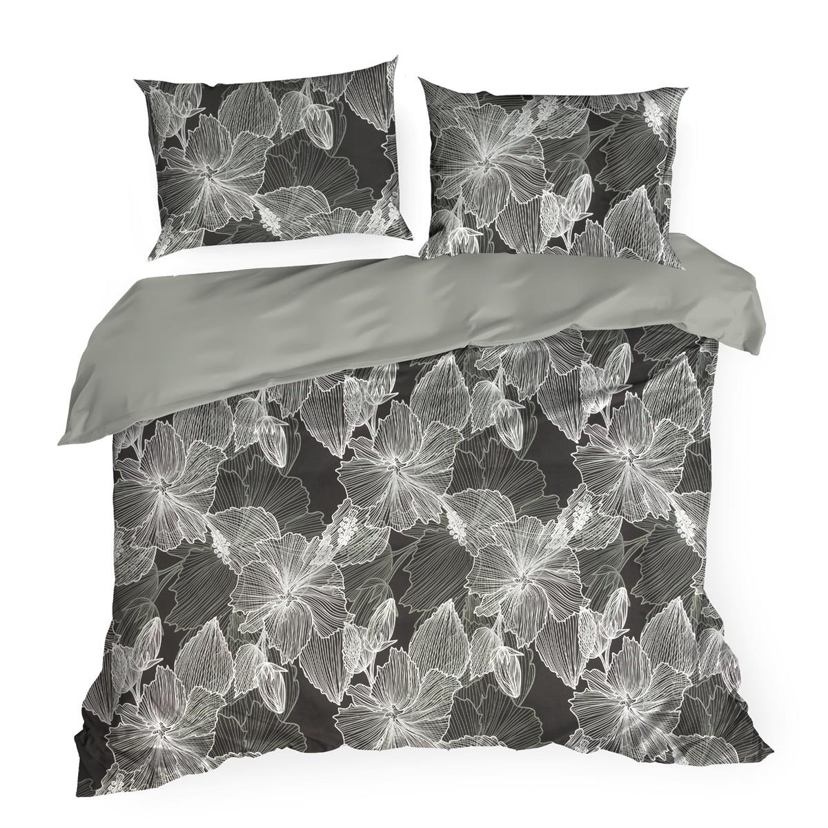 Set Lenjerie de Pat Bumbac Satinat, Eurofirany, NIKA, 160x200, negru de otel cu flori de hibiscus