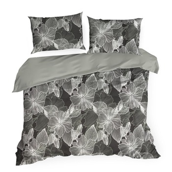 Set Lenjerie de Pat Bumbac Satinat, Eurofirany, NIKA, 160x200, negru de otel cu flori de hibiscus Set Lenjerie de Pat Bumbac Satinat, Eurofirany, NIKA, 160x200, negru de otel cu flori de hibiscus