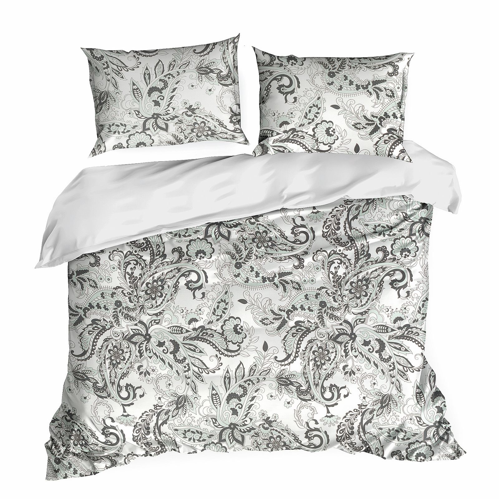 Set Lenjerie de Pat, Bumbac satinat, Eurofirany, NIKA, 200x220 Gri/Verde in flori paisley