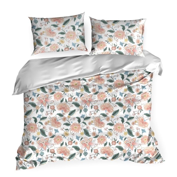 Set Lenjerie de Pat, Bumbac satinat, Eurofirany, MARCIA, 160x200 Alb/Multicolor