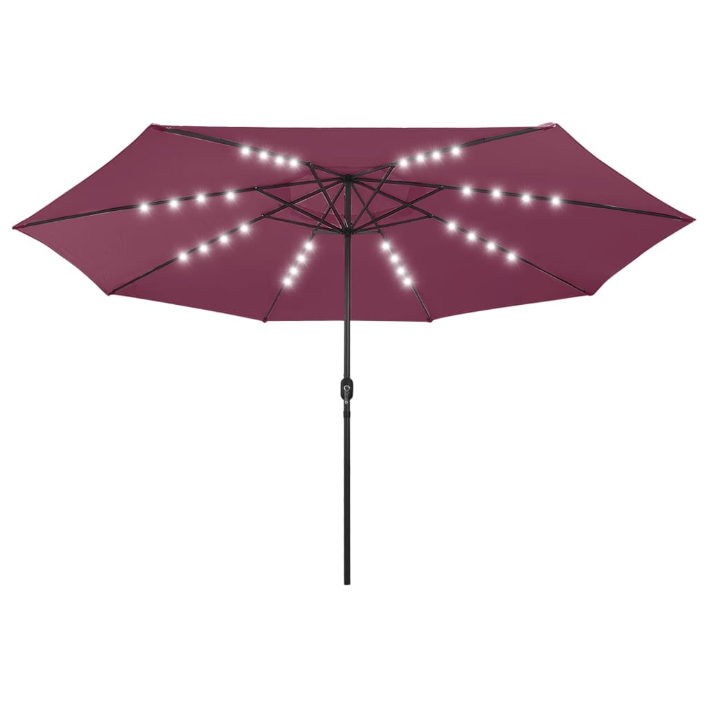 Umbrela de soare pentru exterior cu LED si stalp din metal vidaXL, 400 x 267 cm, Rosu bordo