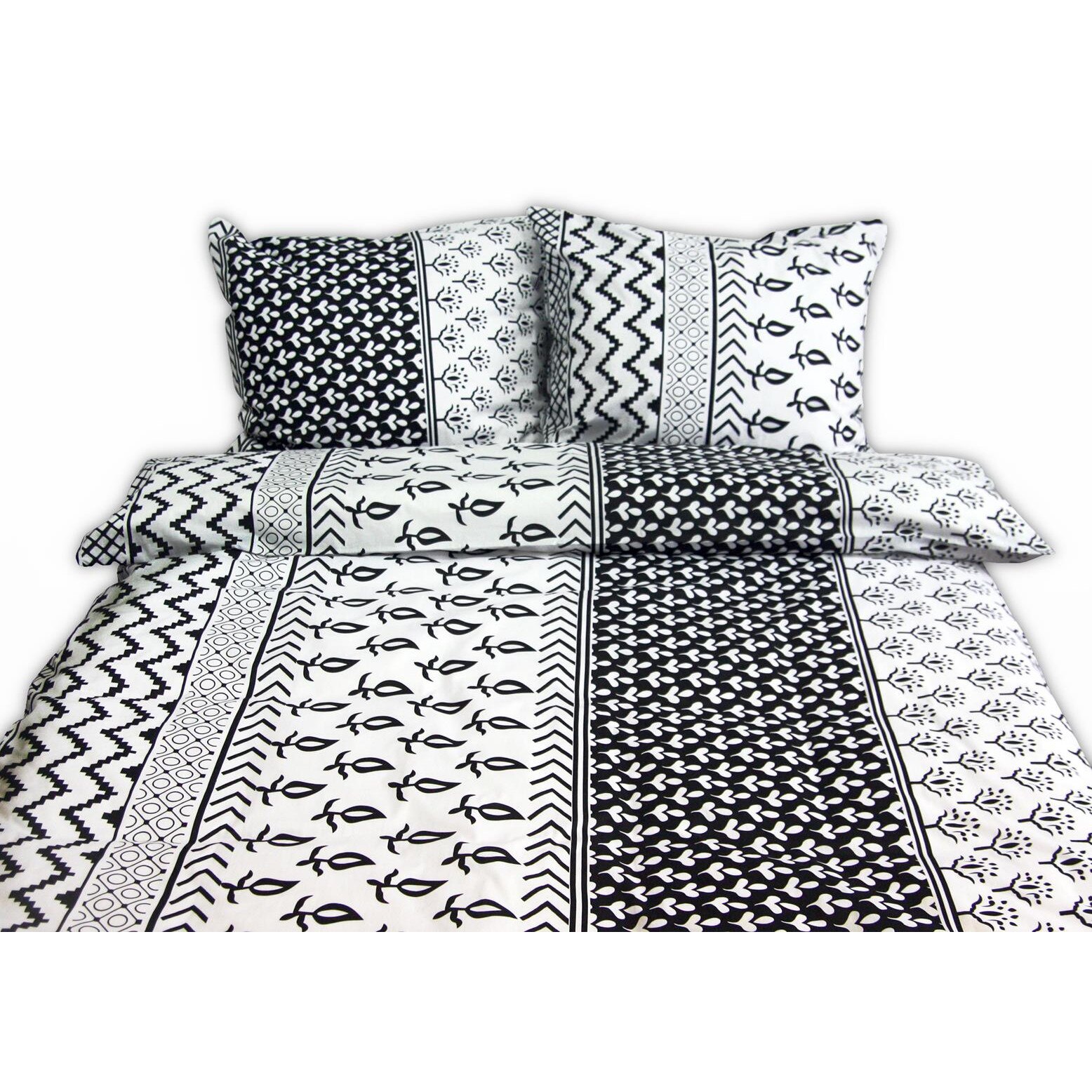 Lenjerie de pat din bumbac, Andropol, 160x200, model floral Si geometric cu dungi longitudinale, Alb / Gri