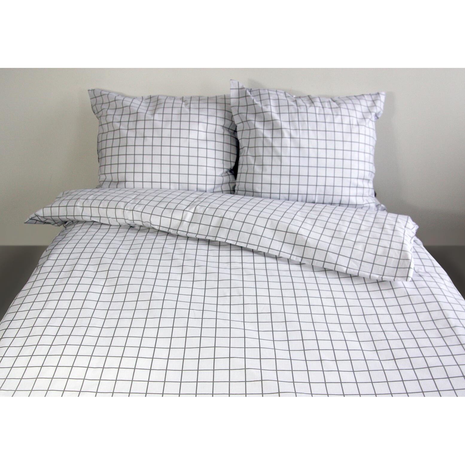 Lenjerie de pat din bumbac, Andropol, 160x200 alb cu verificare gri