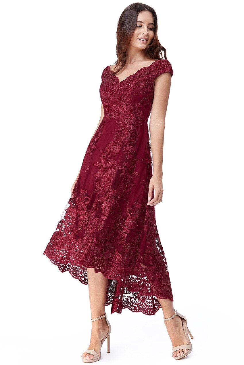 Rochie de ocazie din dantela brodata, Rosu Bordeaux