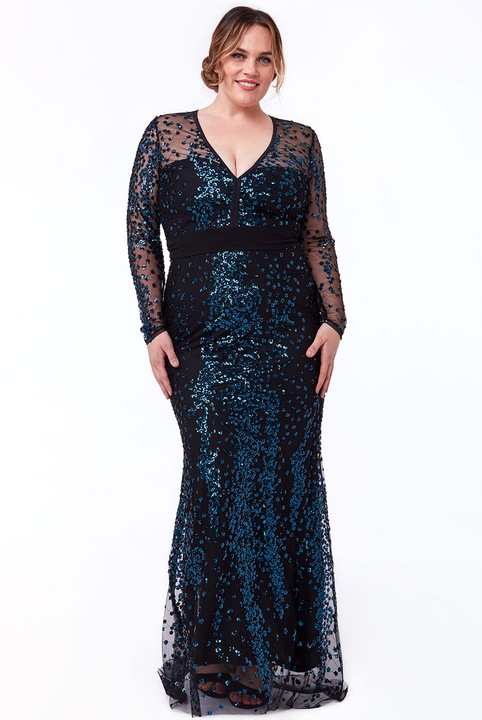 Rochie din mesh brodat cu paiete si maneca lunga, Negru/Albastru