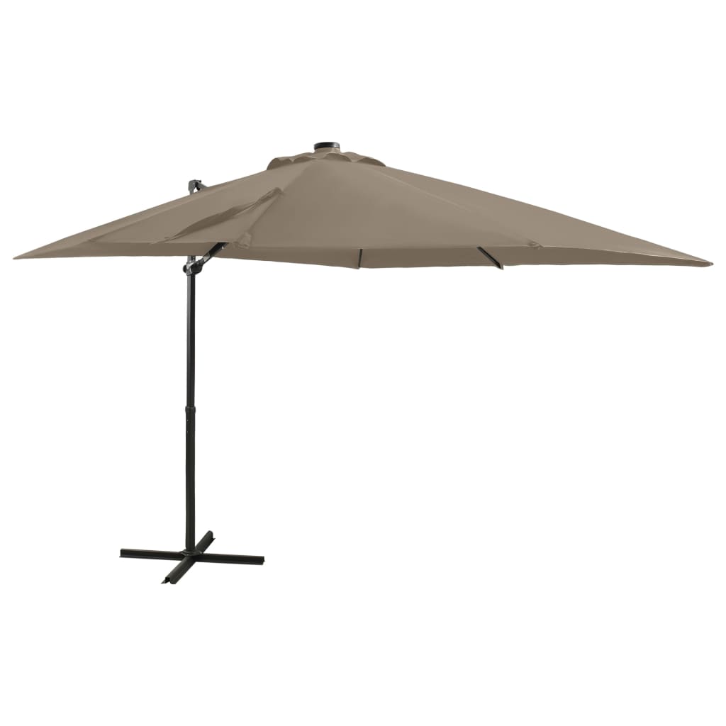 Umbrela suspendata cu stalp si LED-uri vidaXL, 250 x 230 cm, Taupe