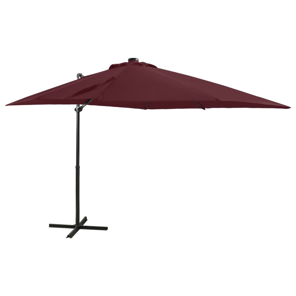 Umbrela suspendata cu stalp si LED-uri vidaXL, 250 x 230 cm, Rosu bordo