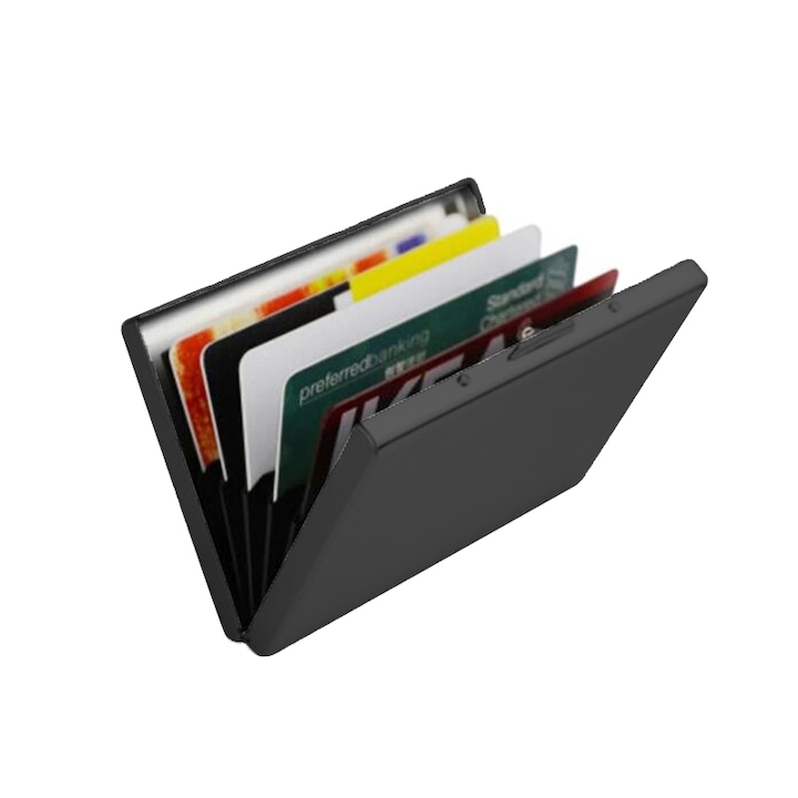 Alumínium unisex RFID biztonságos pénztárca, ASKSA, 6 rekeszes kártya, fekete