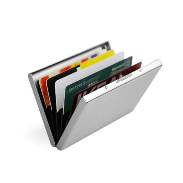 Portcard securizat RFID aluminiu unisex, ASKSA, Compartiment 6 carduri, Argintiu