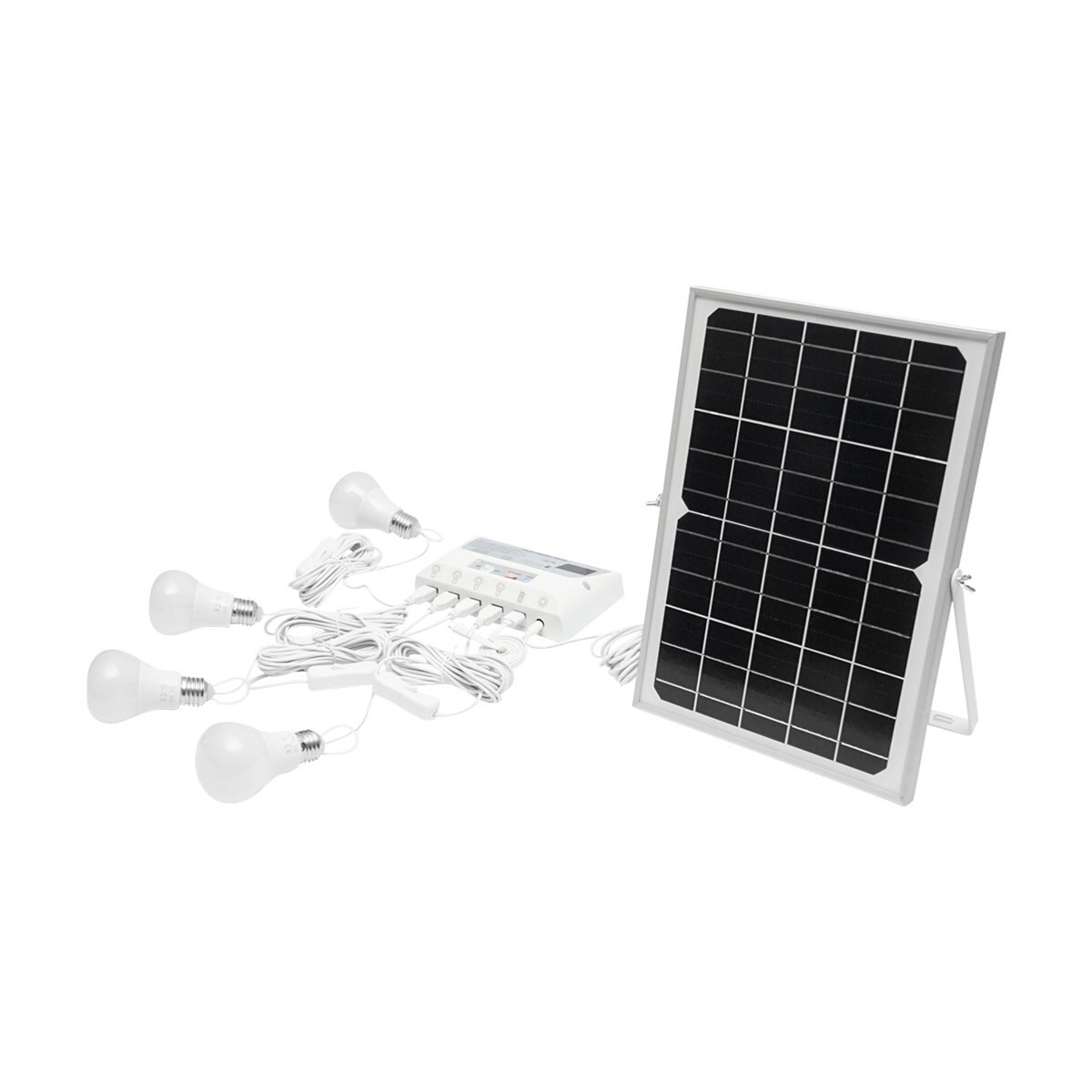 Sistem pentru iluminat cu 4 becuri LED, panou solar 9V/12W si 1xUSB incarcare telefon Breckner Germany