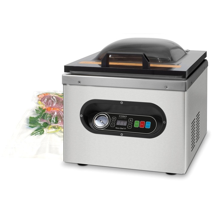 Aparat profesional cu camera Caso Germany, sigilare dubla, vidare uscata si lichide, timp de sigilare si vidare ajustabil, vidare manuala si automata, putere mare de aspirare, 77 litri/ minut, otel inoxidabil, negru/argintiu