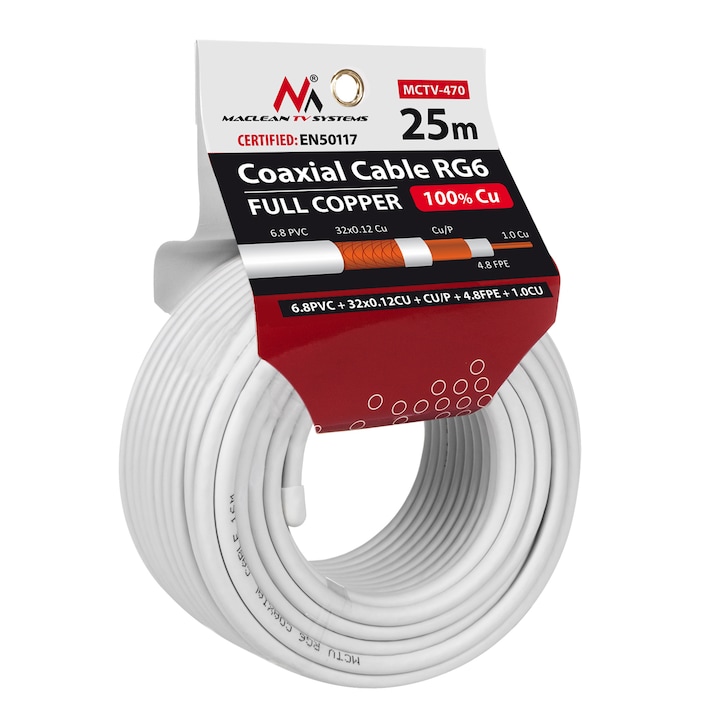 Cablu coaxial 1.02 Cu RG6, 25 m, MCTV-470, cupru, alb