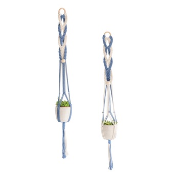 Kit de macrame, Katia, suporturi de plante model Menorca, 2 role snur albastru si crem, 2 inele de lemn, 2 margele de lemn Kit de macrame, Katia, suporturi de plante model Menorca, 2 role snur albastru si crem, 2 inele de lemn, 2 margele de lemn