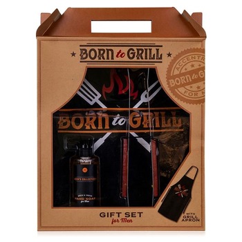 Set Born to Grill Men's Collection in cutie hartie kraft, Sapun pentru maini 200ml, Cleste pentru gratar 35cm, Sort de bucatar cu inscripria Born to Grill Set Born to Grill Men's Collection in cutie hartie kraft, Sapun pentru maini 200ml, Cleste pentru gratar 35cm, Sort de bucatar cu inscripria Born to Grill