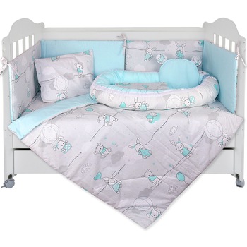 Set Lenjerie cu Baby Nest 9 piese 60/120 cm, bumbac 100%, Rabbits - Turcoaz/Gri Set Lenjerie cu Baby Nest 9 piese 60/120 cm, bumbac 100%, Rabbits - Turcoaz/Gri