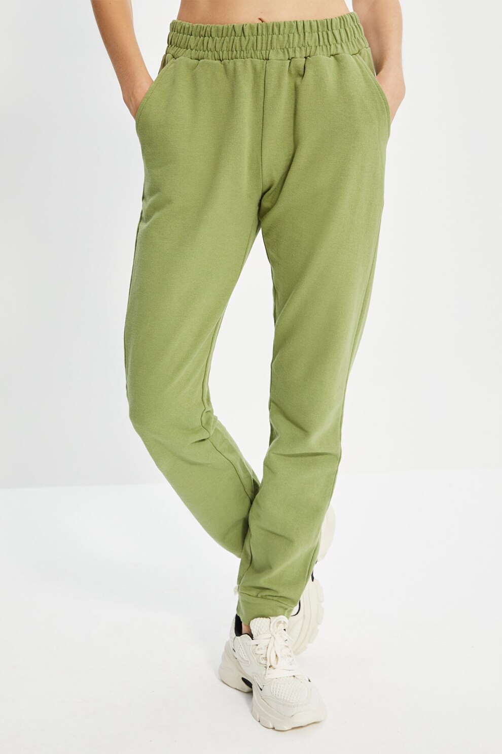 Trendyol, Pantaloni sport cu talie inalta si buzunare, Verde fistic