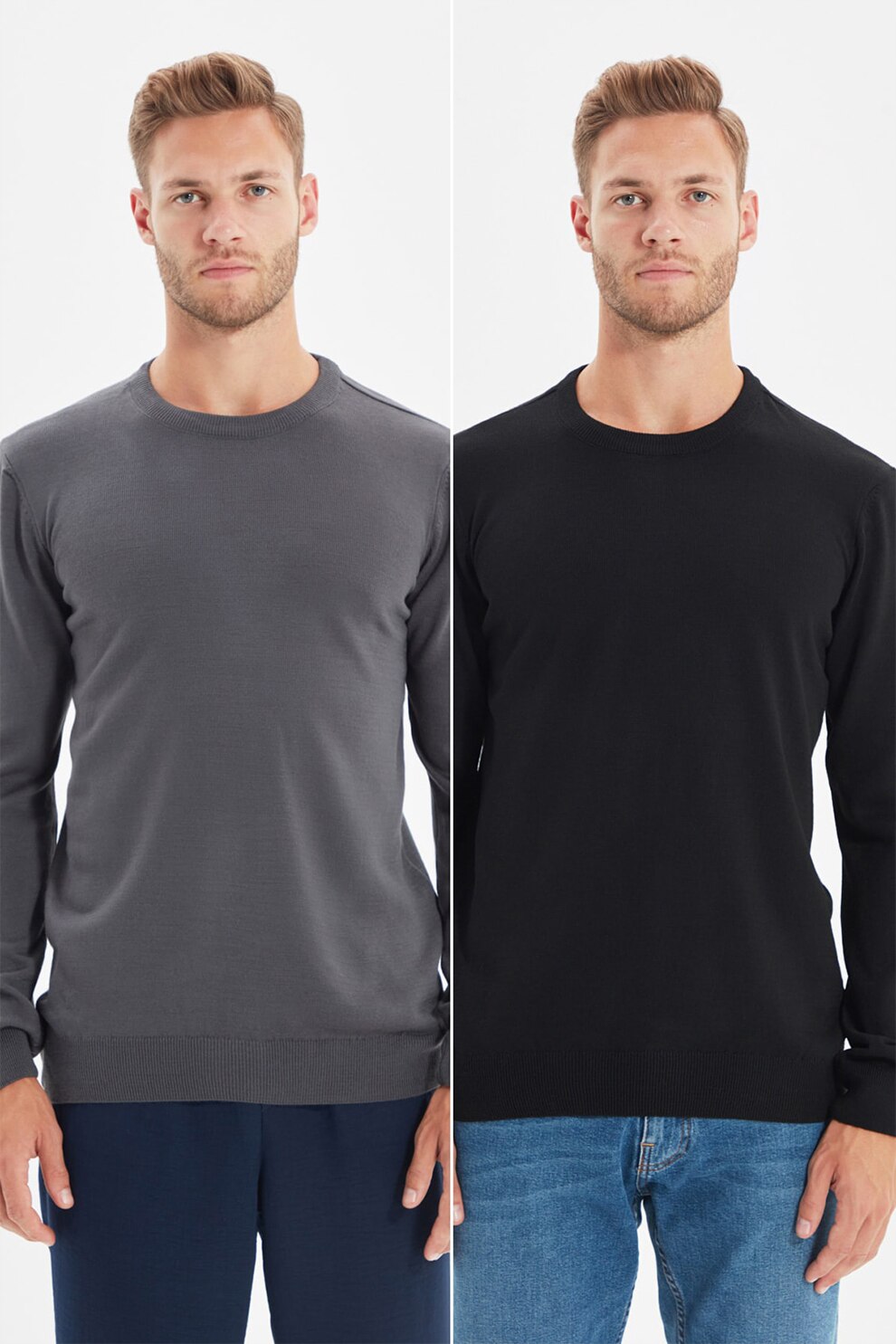 Trendyol, Set de pulovere slim fit cu decolteu la baza gatului - 2 piese, Gri inchis
