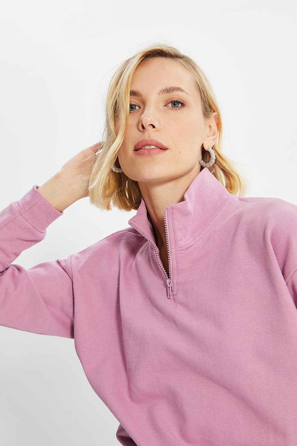 Trendyol, Bluza sport cu fermoar scurt si terminatie elastica, Roz