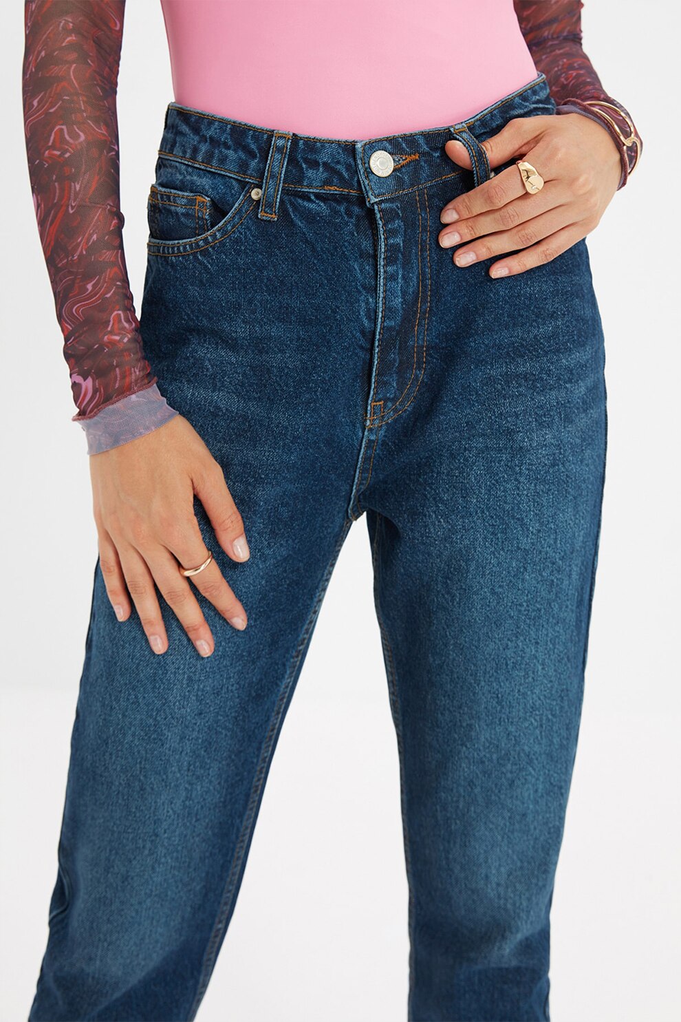 Trendyol, Blugi mom-fit cu talie inalta, Albastru inchis