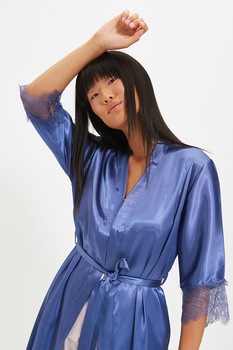 Trendyol, Halat de casa cu aspect de satin si insertii de dantela, Albastru, L-XL Trendyol, Halat de casa cu aspect de satin si insertii de dantela, Albastru, L-XL