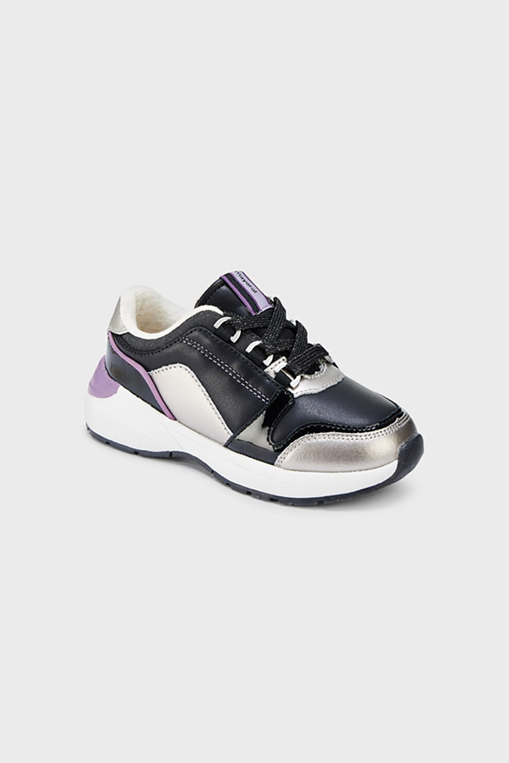 Mayoral, Pantofi sport cu garnituri din piele si aspect contrastant, Negru/argintiu/violet ametist