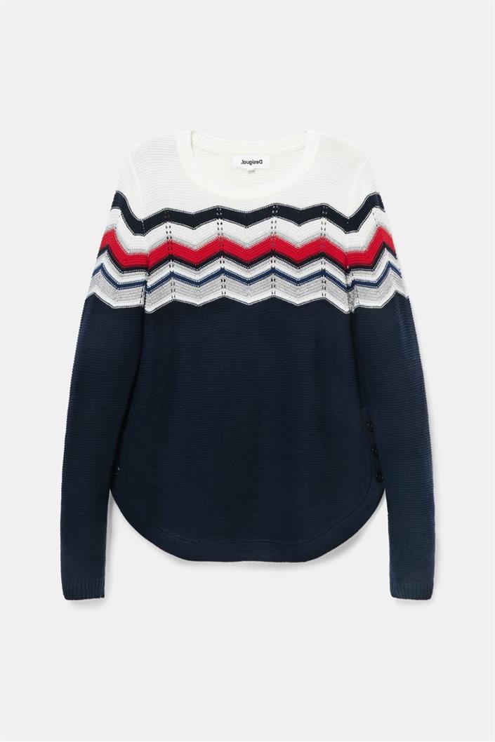 Pulover , Desigual , Regular fit , Alb/Bleumarin/Rosu