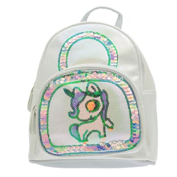Rucsac pentru copii, din piele ecologica, Alb cu paiete, model unicorn - RUC201 Rucsac pentru copii, din piele ecologica, Alb cu paiete, model unicorn - RUC201