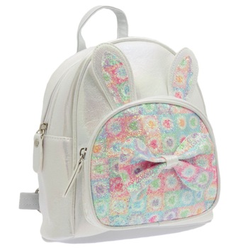 Rucsac pentru copii, din piele ecologica, Alb cu sclipici, model urechi si fundita - RUC214 Rucsac pentru copii, din piele ecologica, Alb cu sclipici, model urechi si fundita - RUC214