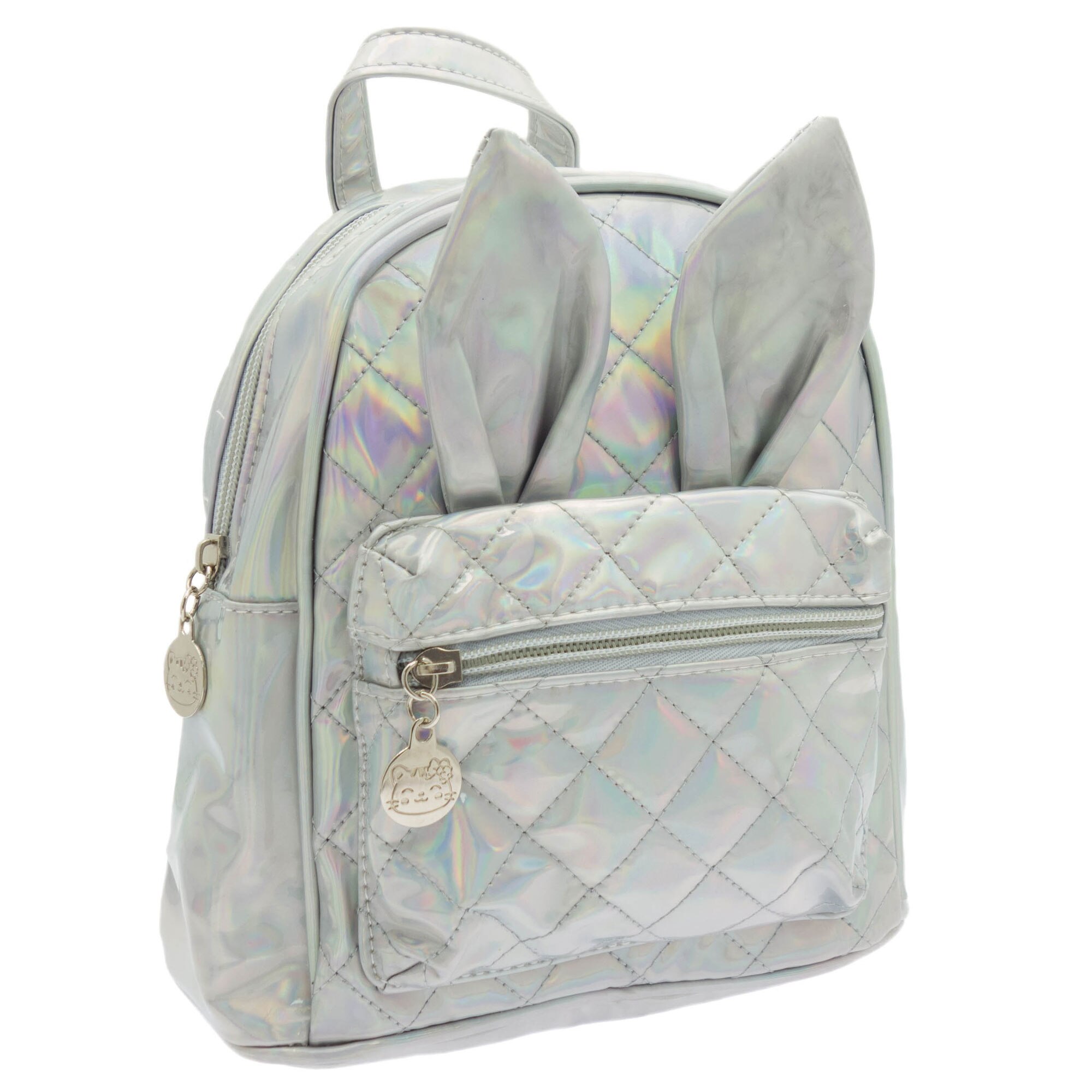 Rucsac pentru copii, Argintiu cu reflexe multicolore, model urechi - RUC220