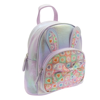 Rucsac pentru copii, din piele ecologica, Lila cu sclipici, model urechi si fundita - RUC217 Rucsac pentru copii, din piele ecologica, Lila cu sclipici, model urechi si fundita - RUC217