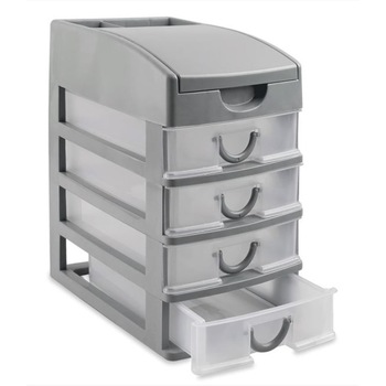 Suport birou cu 4 sertare si capac pentru accesorii de birotica, Plastic, 15x20x25 cm Suport birou cu 4 sertare si capac pentru accesorii de birotica, Plastic, 15x20x25 cm
