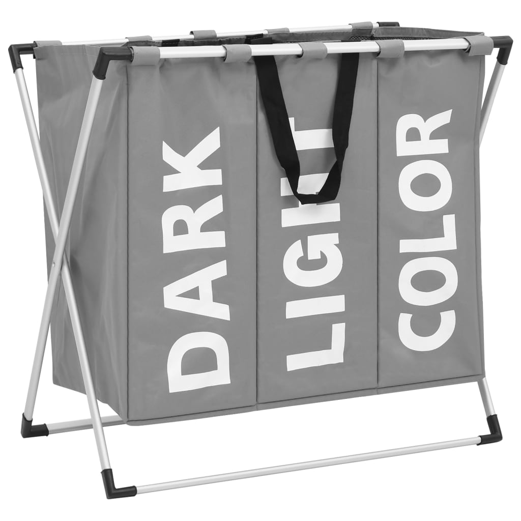 Cos de sortare rufe cu 3 sectiuni, vidaXL, Textil-aluminiu, 137 l, 67,5 x 36,5 x 61 cm, Gri