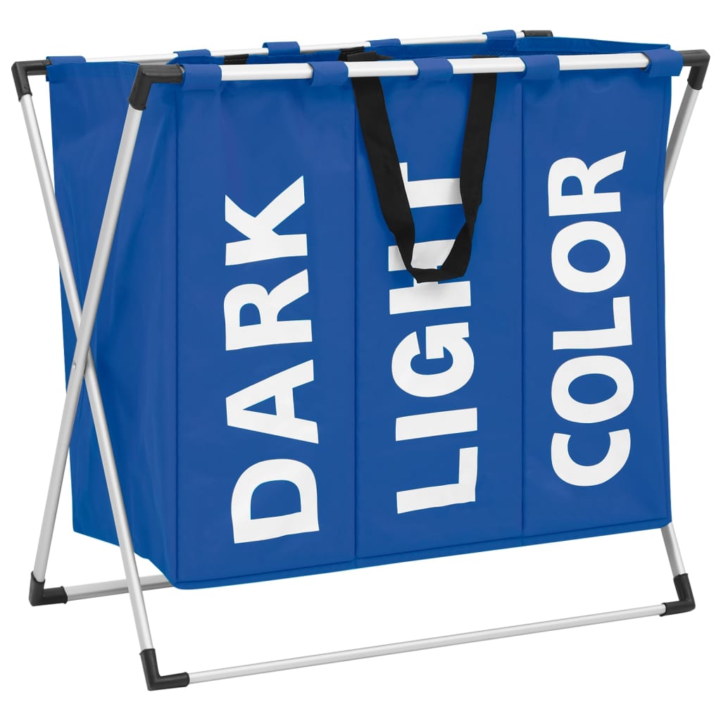 Cos de sortare rufe cu 3 sectiuni, vidaXL, Textil-aluminiu, 137 l, 67,5 x 36,5 x 61 cm, Albastru