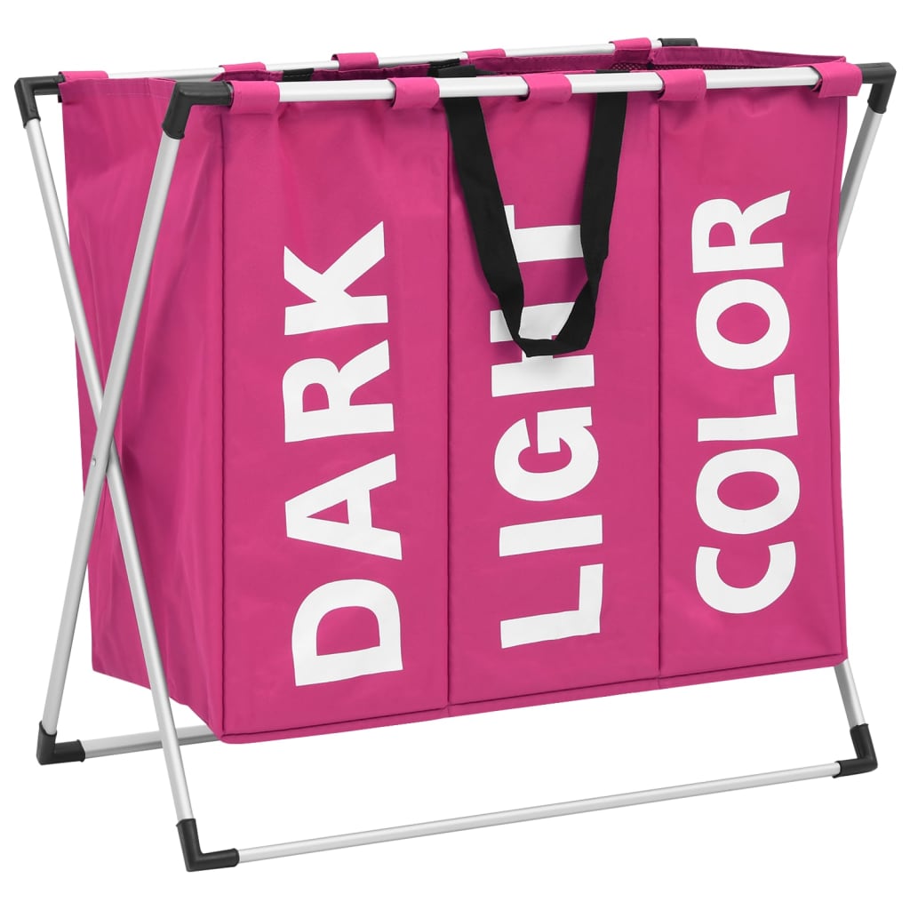 Cos de sortare rufe cu 3 sectiuni, vidaXL, Textil-aluminiu, 137 l, 67,5 x 36,5 x 61 cm, Roz