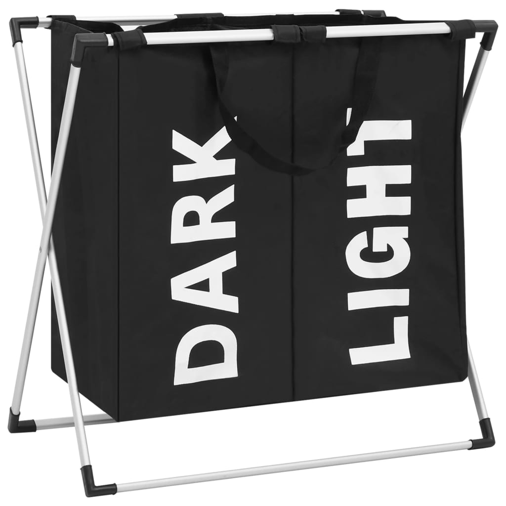 Cos de sortare rufe cu 2 sectiuni, vidaXL, Textil-aluminiu, 128 l, 60 x 37,5 x 62 cm, Negru