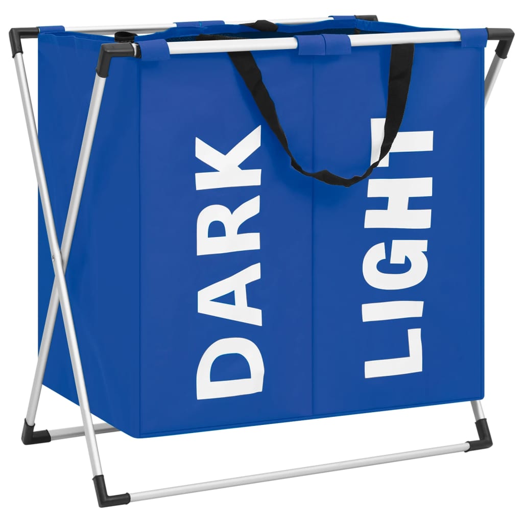 Cos de sortare rufe cu 2 sectiuni, vidaXL, Textil-aluminiu, 128 l, 60 x 37,5 x 62 cm, Albastru