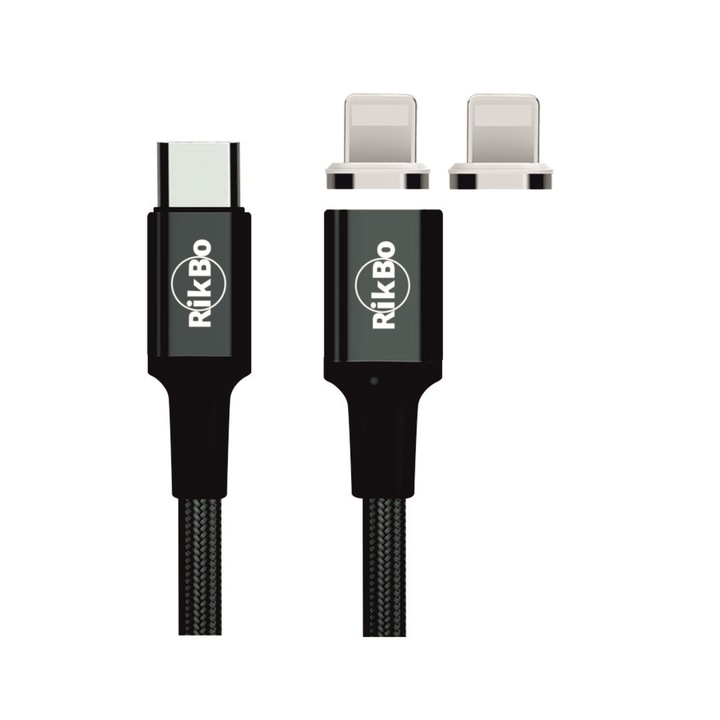 Töltő/adat kábel Fast Charge RikBo® 20W Adatátvitel , Mágneses 14 pin, 2 in 1 UsbC - 2 x Lightning csatlakozó kompatibilis Iphone 12, 11, X, 8, hossza 1m, Fekete