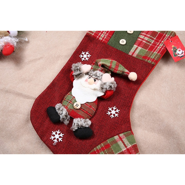 Ciorap Cadouri, cu model Mos Craciun, rosu, marimea 20x30 cm, textil, interior
