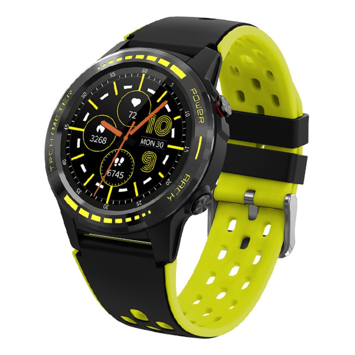 Ceas SmartWatch DacEnergy©, Android/IOS, Impermeabil IP67, GPS incorporat pentru trasee de miscare sportive, monitorizare ritm cardic, tensiune arteriala, somn, memento sedentar, culoare negru/galben