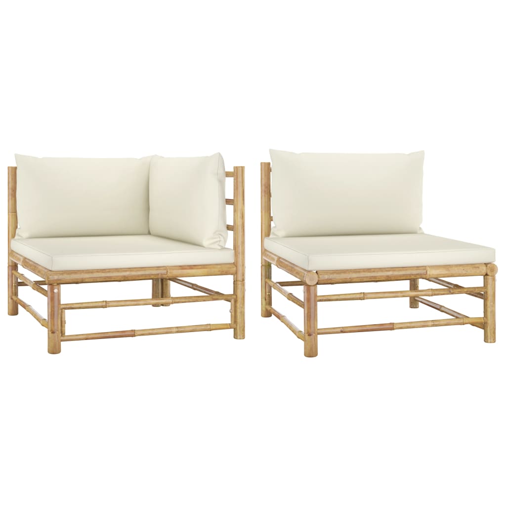 Set mobilier de gradina cu 2 canapele cu perne vidaXL, Bambus, 65 x 70 x 60 cm, Maro/Crem