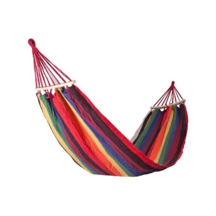 Hamac de o persoana, 80 x 200 cm, din bumbac dens, husa depozitare, maxim 120 kg, multicolor, baza lemn, rosu, Selling Depot®