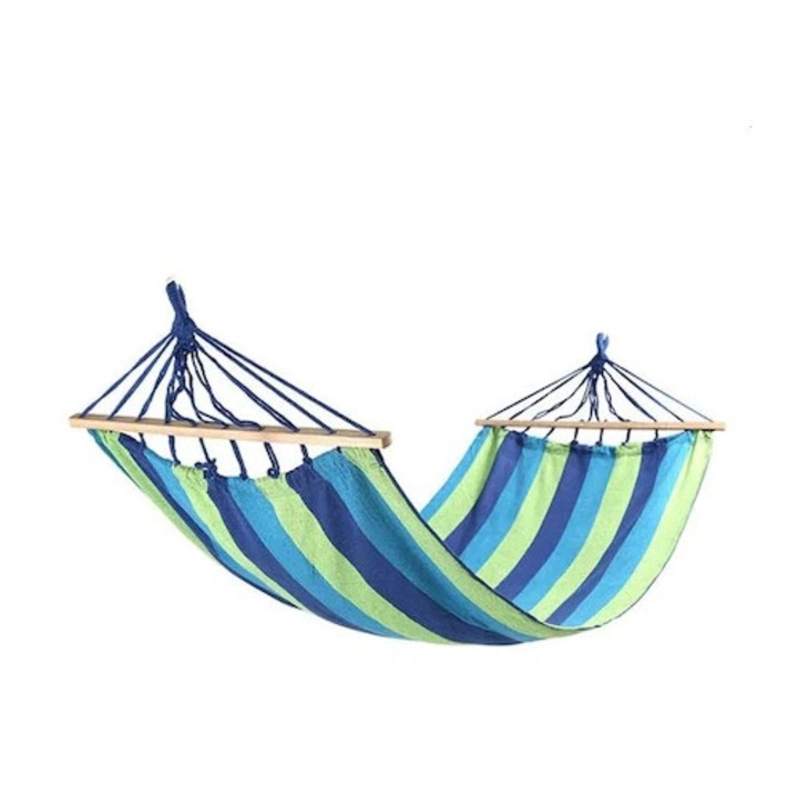 Hamac de o persoana, 80 x 200 cm, din bumbac dens, husa depozitare, maxim 150 kg, multicolor, baza lemn, albastru, Selling Depot®