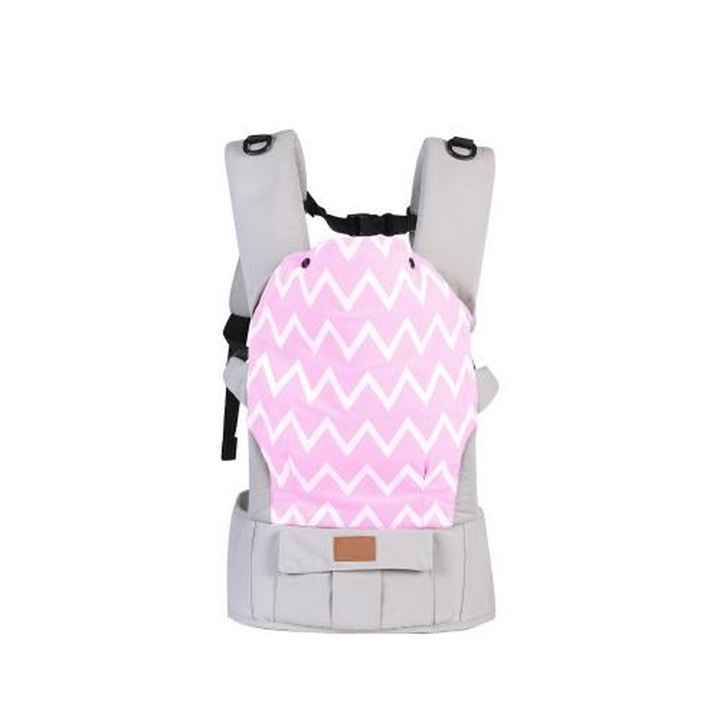 Marsupiu ergonomic pentru copii si bebe NOVOKIDS™ Xplorer PRO, 4-18 luni, Maxim 15 kg, Pozitie orizontala, Cu fata si cu spatele, Suport pentru cap, Material lavabil moale si comfortabil, Roz cu dungi Albe