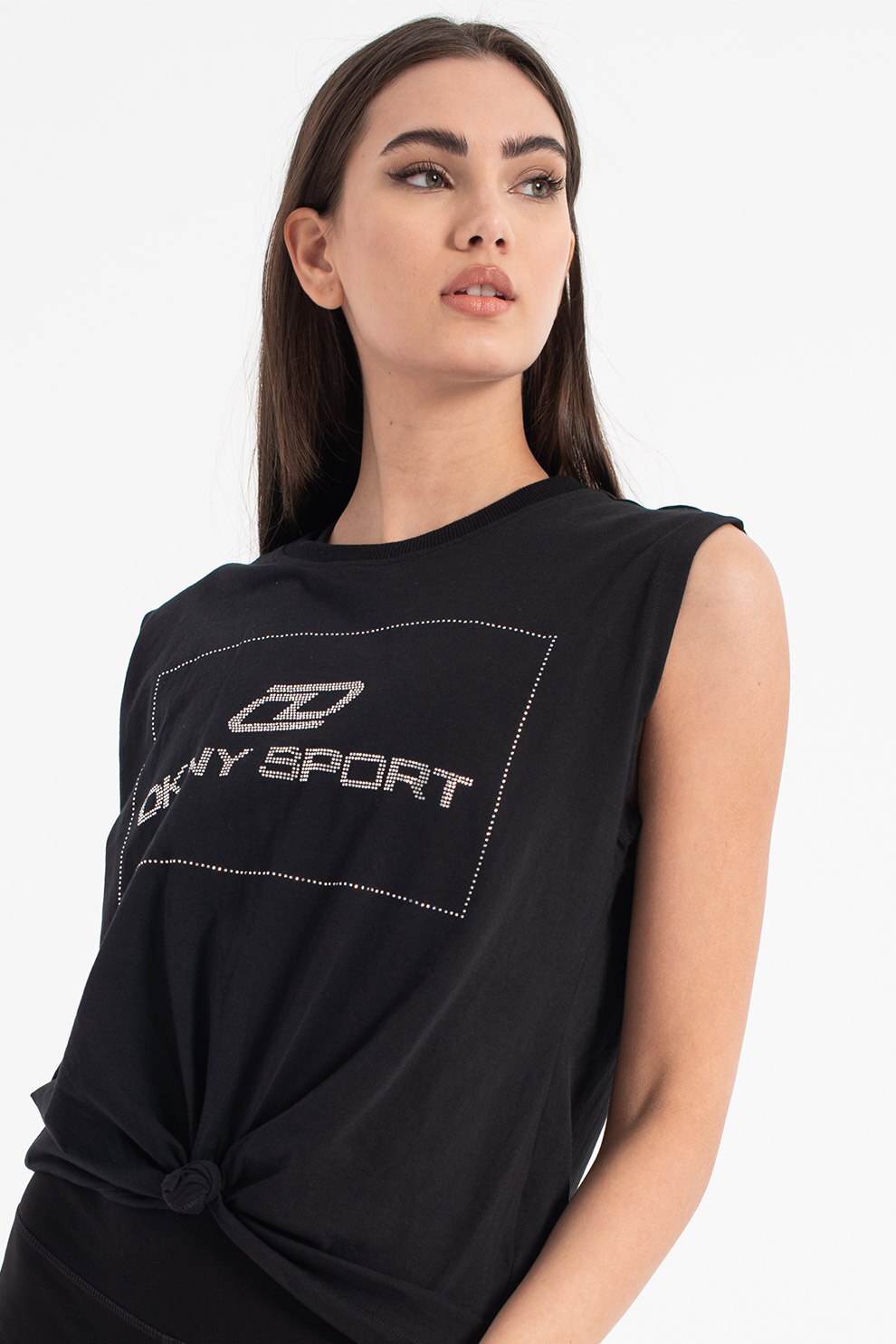 DKNY, Top de bumbac cu strasuri, pentru fitness, Negru